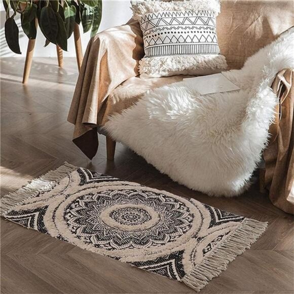 Cotton Rug, 2X3 Black Mandala Boho Rug, Hand Woven Bohemian Throw Rugs - Picture 6 of 7